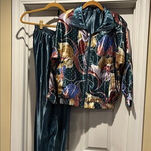 VTG XS Colorful Satin Tracksuit Set. Reversible zipper jacket.